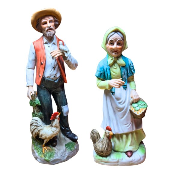 Vintage Homco Farmer & Wife SET Rooster Bird 1434 Figurine 10" Home Decor - Picture 1 of 12